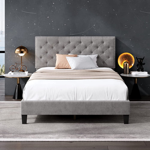 Full Size Bed Frame, Modern Upholstered Platform Bed (Grey, Full) - EK CHIC HOME