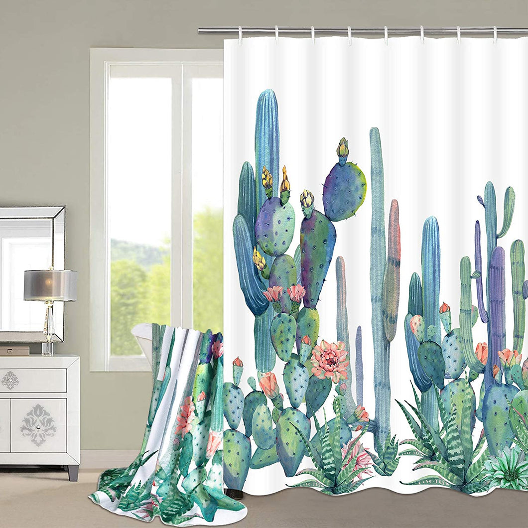 2 Pcs Cactus Shower Curtain Set with Extra Large Bath Towel - EK CHIC HOME