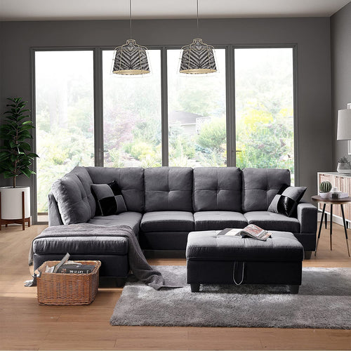 Sectional Sofa, Linen L-Shaped Storage Ottoman and 2 Pillows - EK CHIC HOME