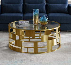 Collection Glam Style Coffee Table Steel Drum Base, Gold - EK CHIC HOME
