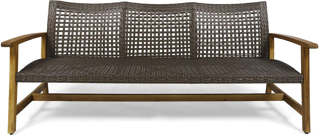Outdoor Wood and Wicker Sofa, Light Gray Finish with Mix Black Wicker - EK CHIC HOME