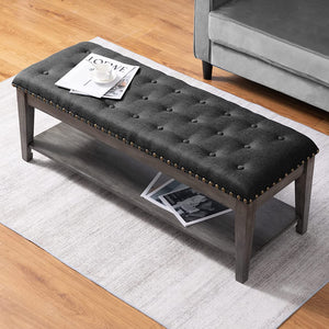 Upholstered Bench, Large Rectangular Tufted Linen Ottoman, - EK CHIC HOME