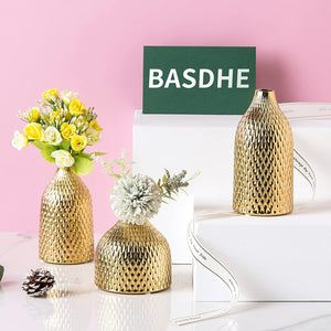 Ceramic Vase Set - 3 Small Vases, Luxurious Home Decor Gold - EK CHIC HOME