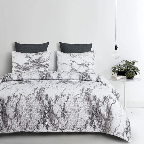 Marble Quilt Set, Black White and Gray Grey Modern Pattern Printed - EK CHIC HOME