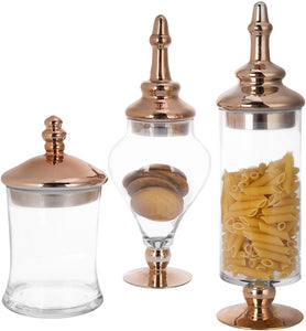 Set of 3 Antique-Theme Glass Apothecary Jars with Metallic Brass-Tone Lids - EK CHIC HOME
