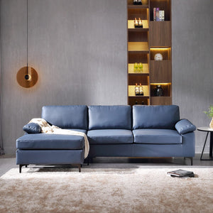 Leather Sofa 3-Seat L-Shape Sectional Sofa Couch Set w/Chaise a(Blue) - EK CHIC HOME