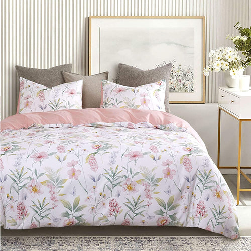 Floral Comforter Set, Pink Botanical Flower and Green Tree Leaves Pattern - EK CHIC HOME