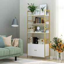 Load image into Gallery viewer, Bookcase with 2 Cabinets, White and Gold with Doors and Metal Frame - EK CHIC HOME