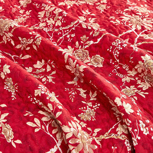 Red Quilt Set, Vintage Floral Flowers Pattern Printed - EK CHIC HOME