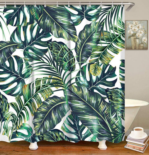 Tropical Leaf Fabric Bathroom Curtains Set with Hooks - EK CHIC HOME
