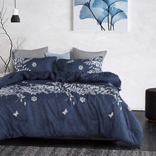 Load image into Gallery viewer, Navy Blue Comforter Set, Gray Floral and Tree Leaves Pattern Printed - EK CHIC HOME