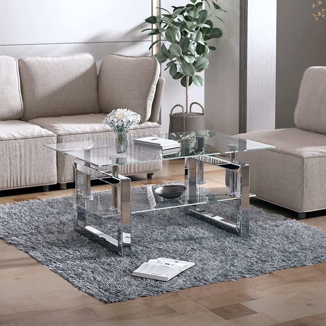 Mirrored Coffee Table with 2 Mirror Square Legs - EK CHIC HOME