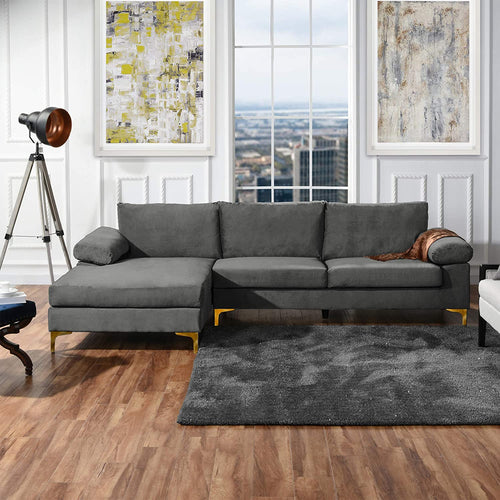 Modern Sectional Sofa L Shaped Velvet  with Extra Wide Chaise - EK CHIC HOME