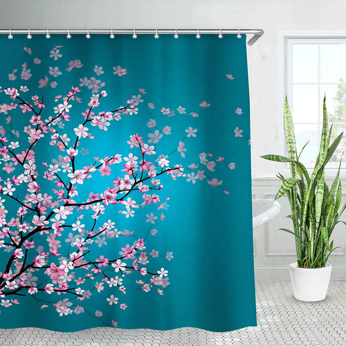 Cherry Blossom Shower Curtain, Floral Teal Fabric - EK CHIC HOME