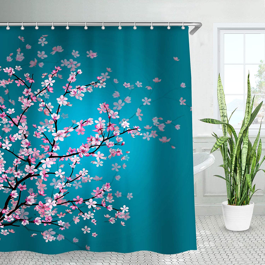 Cherry Blossom Shower Curtain, Floral Teal Fabric - EK CHIC HOME
