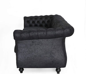 Chesterfield Tufted Microfiber Sofa with Scroll Arms, Black - EK CHIC HOME