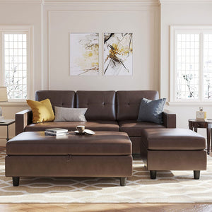 Leather Sectional Couch with Ottoman Sofa Set with Chaise (Brown) - EK CHIC HOME