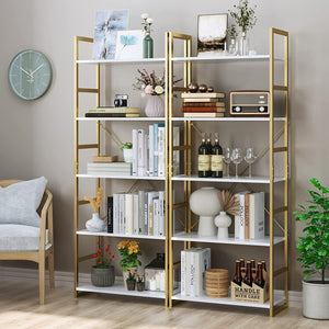 5 Tier Bookshelf, Industrial Gold Bookcase with Metal Frame - EK CHIC HOME
