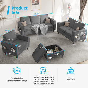 Convertible Sectional Sofa Couch with Storage Ottoman, 4 Pcs Couch Set - EK CHIC HOME