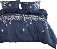 Load image into Gallery viewer, Navy Blue Comforter Set, Gray Floral and Tree Leaves Pattern Printed - EK CHIC HOME