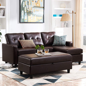 Leather Sectional Couch with Ottoman Sofa Set with Chaise (Brown) - EK CHIC HOME