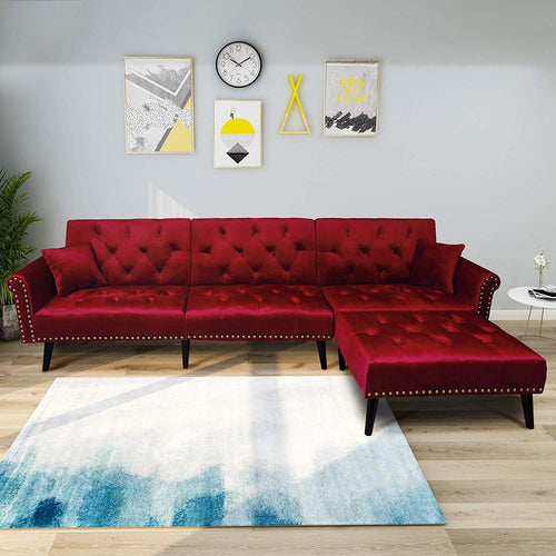 Modern Large Velvet Fabric Sectional Sofa L-Shaped 2 Pillows Included - EK CHIC HOME