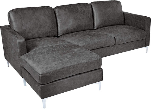Breaux Modern Track Arm Sectional with Chaise and Chrome Legs Accents, Gray - EK CHIC HOME