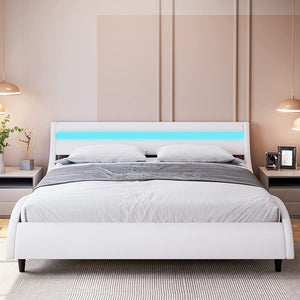 Modern Upholstered Platform Bed Frame with LED Lights Headboard, - EK CHIC HOME