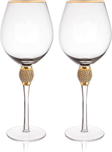 "DIAMOND" Studded Toasting Glasses With Gold Rim - Long Stem - EK CHIC HOME