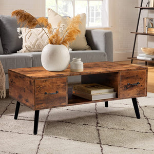 Retro Coffee Table with 2 Drawers and Open Storage Shelf, 2-Tier - EK CHIC HOME