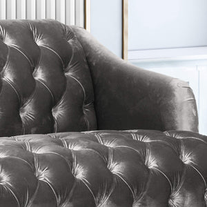 Modern Glam Tufted Velvet 3 Seater Sofa, Smoke and Walnut - EK CHIC HOME