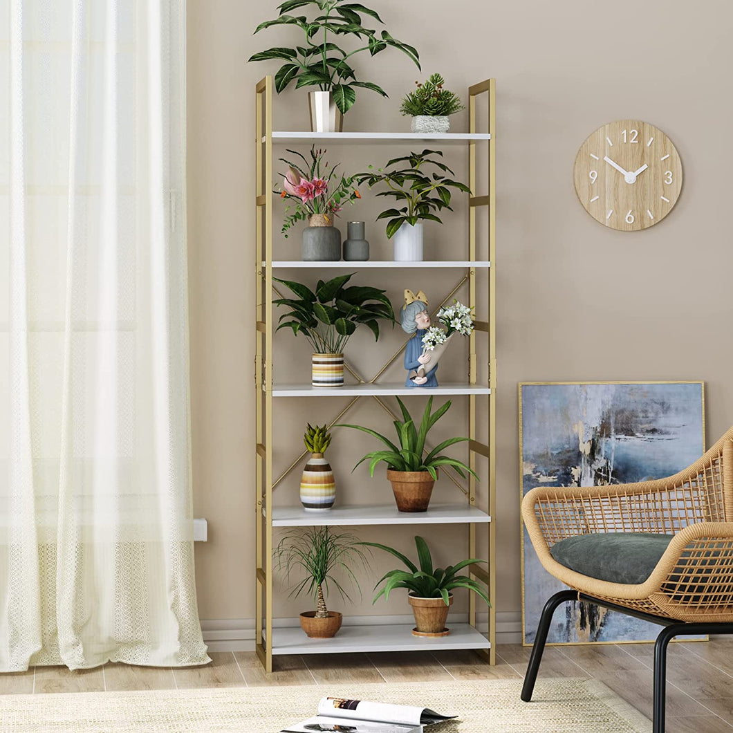5 Tier Bookshelf, Industrial Gold Bookcase with Metal Frame - EK CHIC HOME