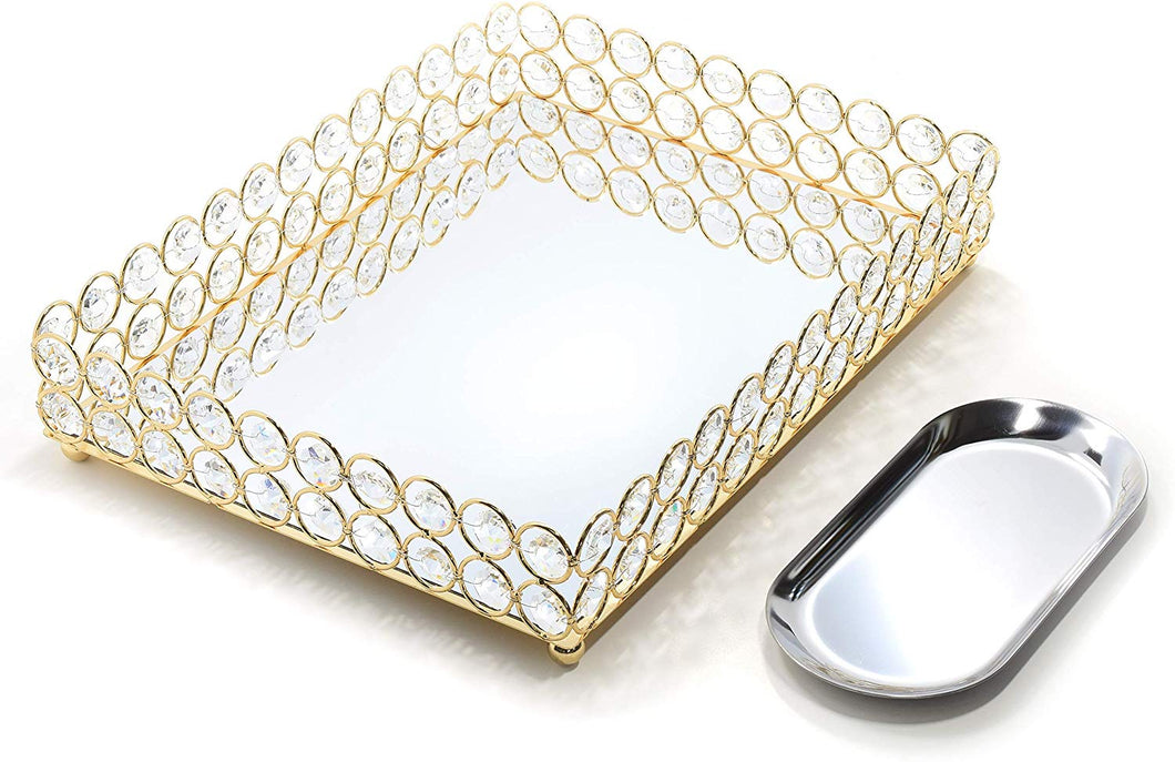 Mirrored Crystal Vanity Tray - (Oval, 14 x 10 inches, Gold) - EK CHIC HOME