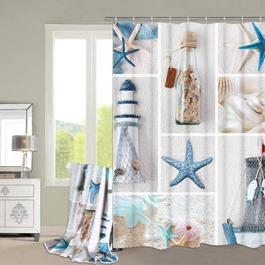 2 Pcs Nautical Shower Curtain Set with Extra Large Bath Towel - EK CHIC HOME