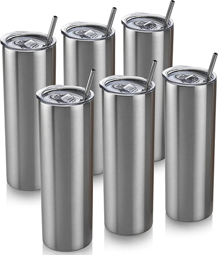 6 Skinny Tumbler 6 Pack - 20 oz Stainless Steel { Silver Color } Insulated - EK CHIC HOME
