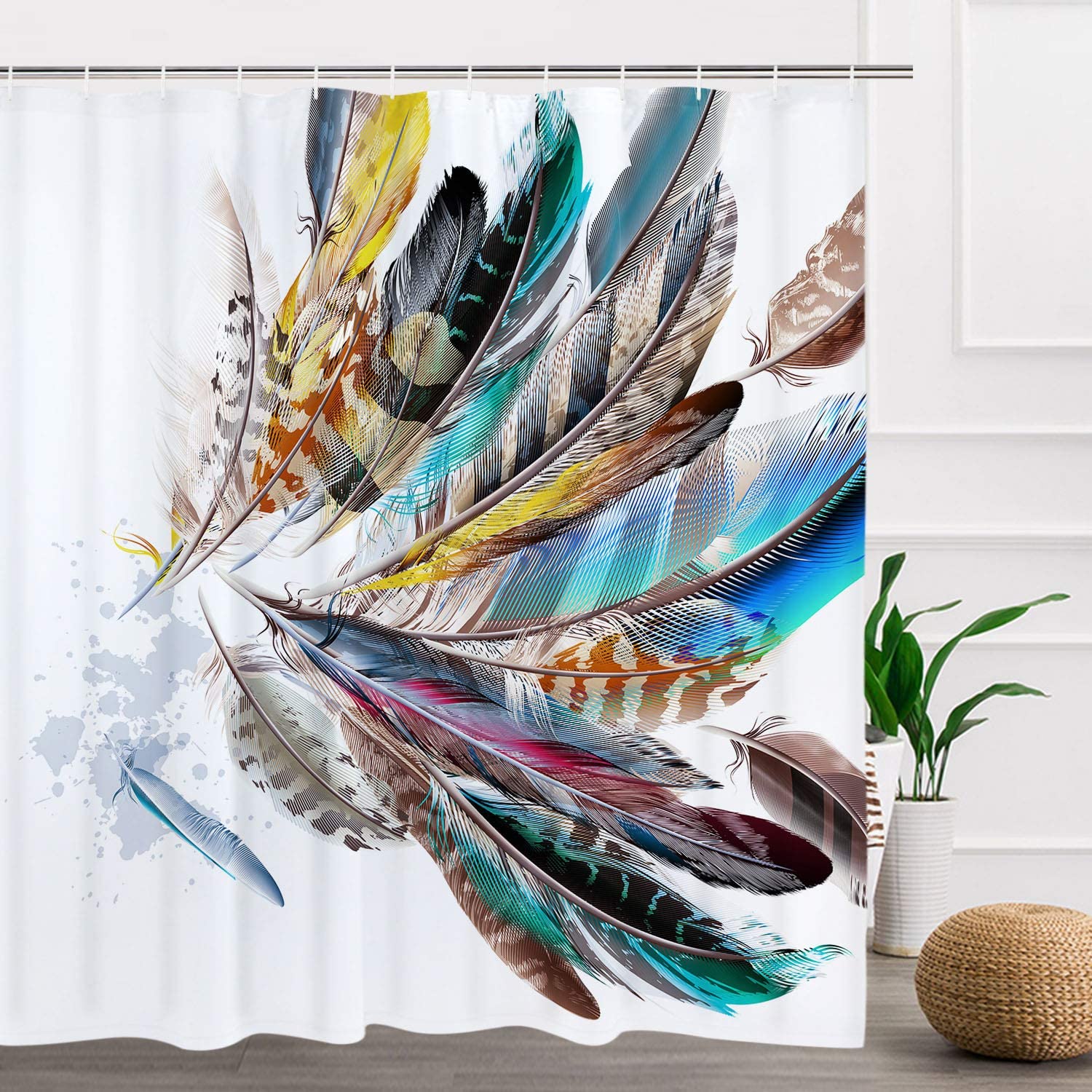 Colorful Feather Shower Curtain Waterproof with 12 Hooks