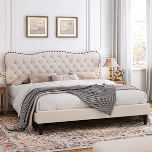 King Size Bed Frame, Linen Fabric Upholstered Platform Bed Frame - EK CHIC HOME