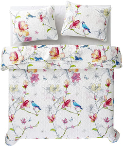 Floral Quilt Set, Botanical Flowers Birds Pattern Printed, 100% Cotton - EK CHIC HOME
