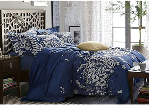 Navy Blue Comforter Set, Gray Floral and Tree Leaves Pattern Printed - EK CHIC HOME