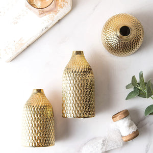 Ceramic Vase Set - 3 Small Vases, Luxurious Home Decor Gold - EK CHIC HOME