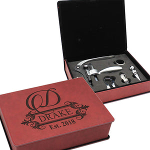 Custom Engraved 5 Piece  Wine Tool Opener Accessories Gift Box Set - EK CHIC HOME