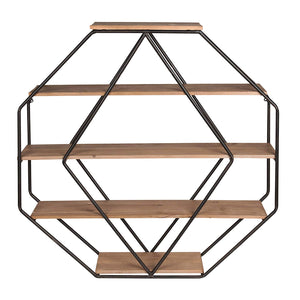 Lintz Large Octagon Floating Wall Shelves with Metal Frame, Gold and White - EK CHIC HOME