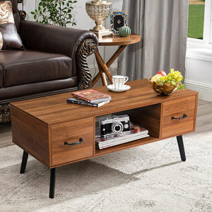 Retro Coffee Table with 2 Drawers and Open Storage Shelf, 2-Tier - EK CHIC HOME