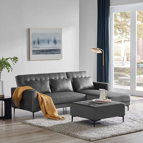Convertible L Shape Upholstered Sectional Sofa with Ottoman/Chaise  (Grey) - EK CHIC HOME