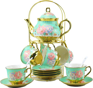 20 Pieces Porcelain Tea Set With Metal Holder, European Ceramic - EK CHIC HOME