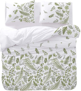 Leaves Comforter Set, Green Plant Botanical Tree Leaf Pattern Printed on White - EK CHIC HOME