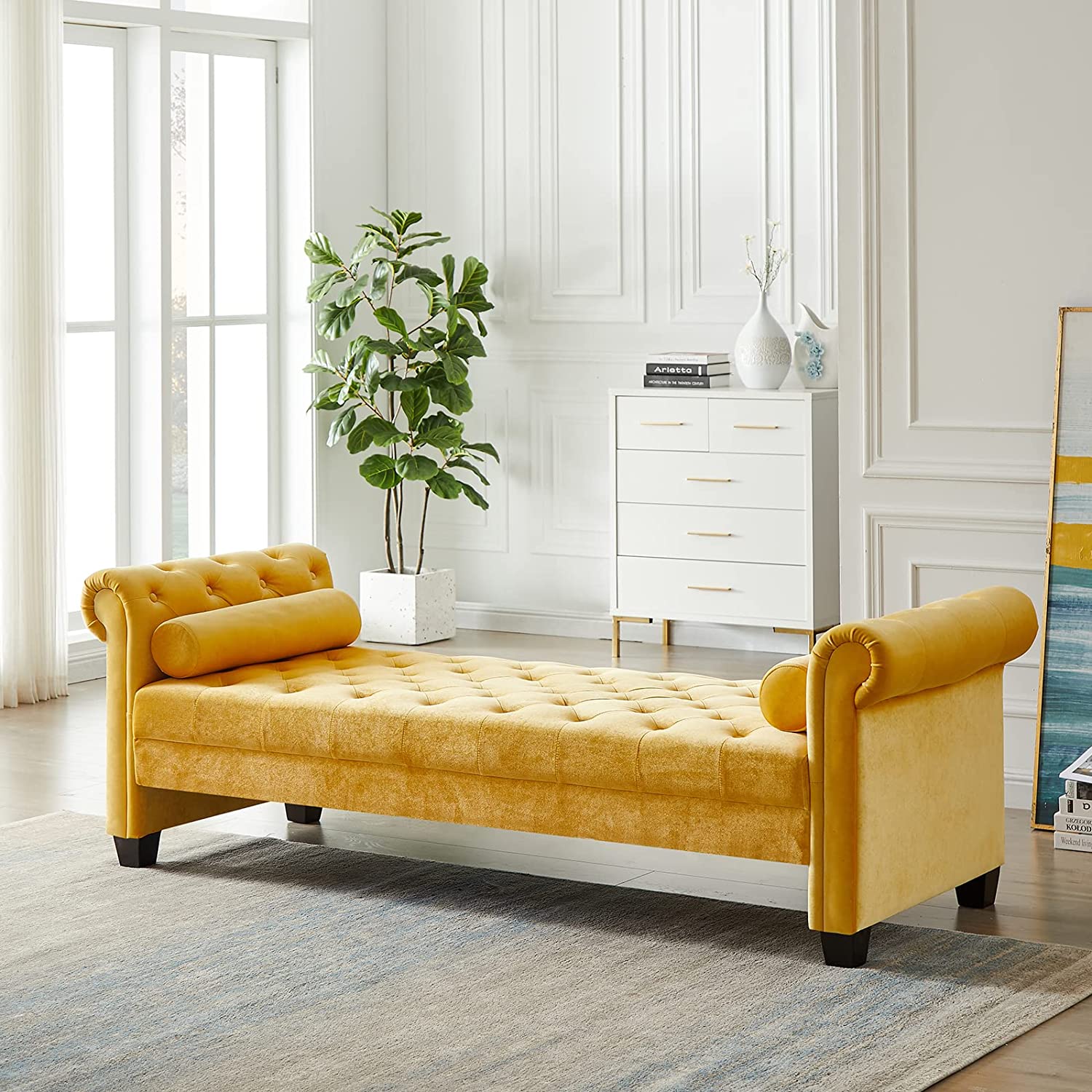 Velvet Long Ottoman Bench 82.3 Button Tufted Curved Rolled Arm