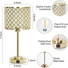 Load image into Gallery viewer, Touch Control Crystal Table Lamp with 2 USB Ports - EK CHIC HOME