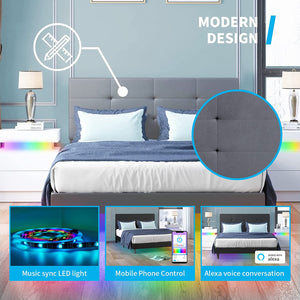 Queen Size Platform Bed Frame with Smart RGB LED Strip Light - EK CHIC HOME