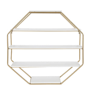 Lintz Large Octagon Floating Wall Shelves with Metal Frame, Gold and White - EK CHIC HOME
